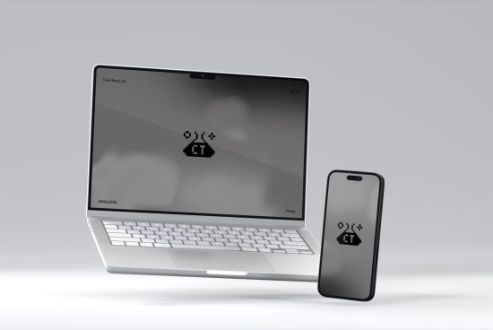 Laptop and smartphone mockup on gray background for showcasing app designs, digital branding, and user interface projects.